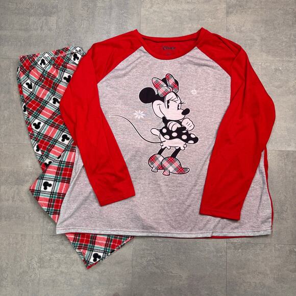 Disney Minnie Mouse Pajamas Set Womens Plus Sz 2X Red Grey Long Sleeve Sleepwear - Picture 1 of 7